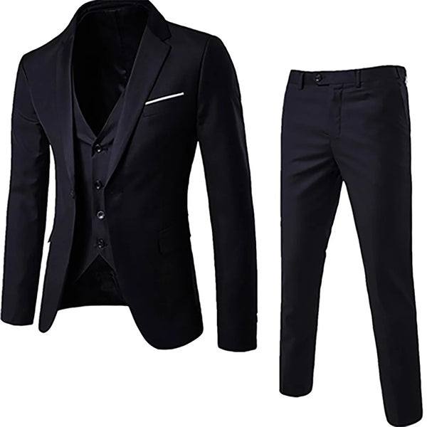 Elegant Men's Blazer Set for Business and Wedding Events - Slim Fit 3-Piece Suit with Vest